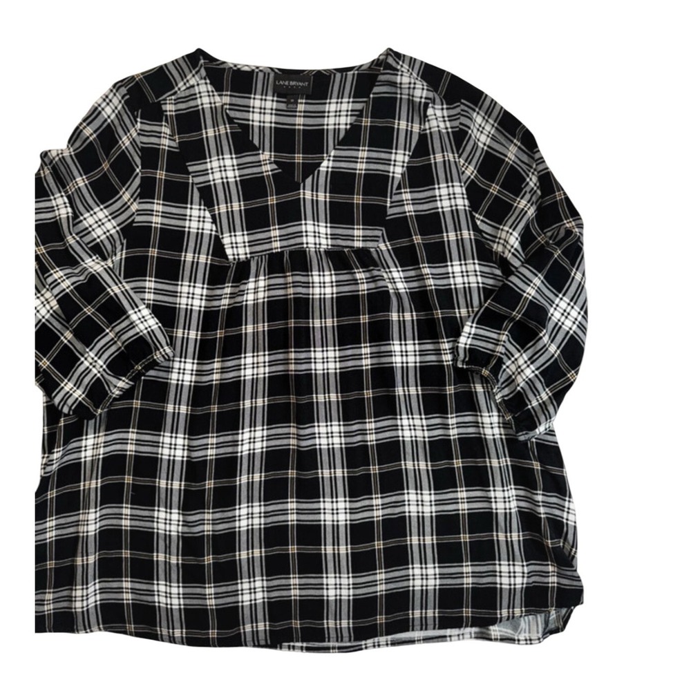 Lane Bryant Women 20 Black White Plaid V-Neck 3/4 Sleeve Rayon Blouse Top